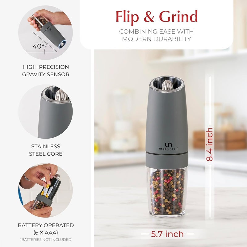 urban noon Gravity Salt and Pepper Grinder Set - Battery Operated Electric Grinders with Light (2 Matte Gray Mills) - Automatic One Handed Operation - Electronic Adjustable Shakers - Ceramic Grinders - Image 4
